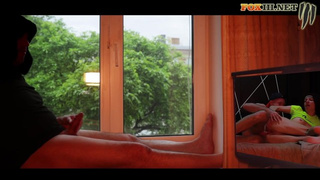 Masturbating by the window while watching porn with sweet anal