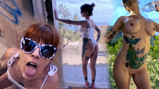 Public flashing exhibitionism, squirting, slow motion wet, tattoo milf.