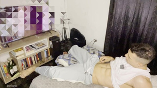 I get horny watching a porn film and end up with a humongous spunk on my hard Sixpack