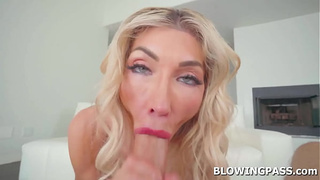 Busty milf blows butt before blowing wang