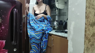 Indian stepmom watches and enters her stepson's Kitchen to fuck him