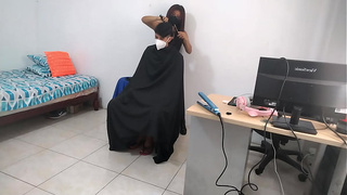 The hairdressing service is wild and perversely sensual. The hairdresser behaves like a girl with the clients. Workplace porn