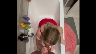 My step mom surprised me and come in bathroom after my shower and blow my wang and I fuck her, jizz on her melons