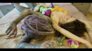 Fishnet Frenzy Lesbians Stretch Asses to the Limit with Monster Toys & Loud Moans