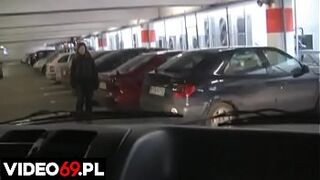 A high school skank gives a oral sex in car on the parking lot of a shopping mall
