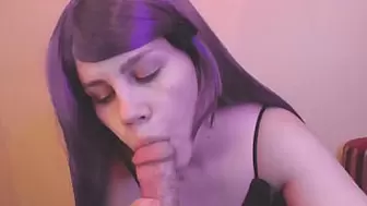 Sleazy purple skank swallows dong, SELF PERSPECTIVE oral sex, hand-job and jizz on face