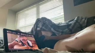 Watching porn in the living room while everyone upstairs massive jizz in shorts WATCH END