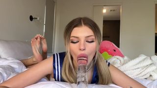 Blonde swallows a monstrous silicone rod